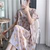 Cotton and silk nightgown women's summer thin short-sleeved cartoon printed pajamas can be worn outside long large size loose knee pajamas