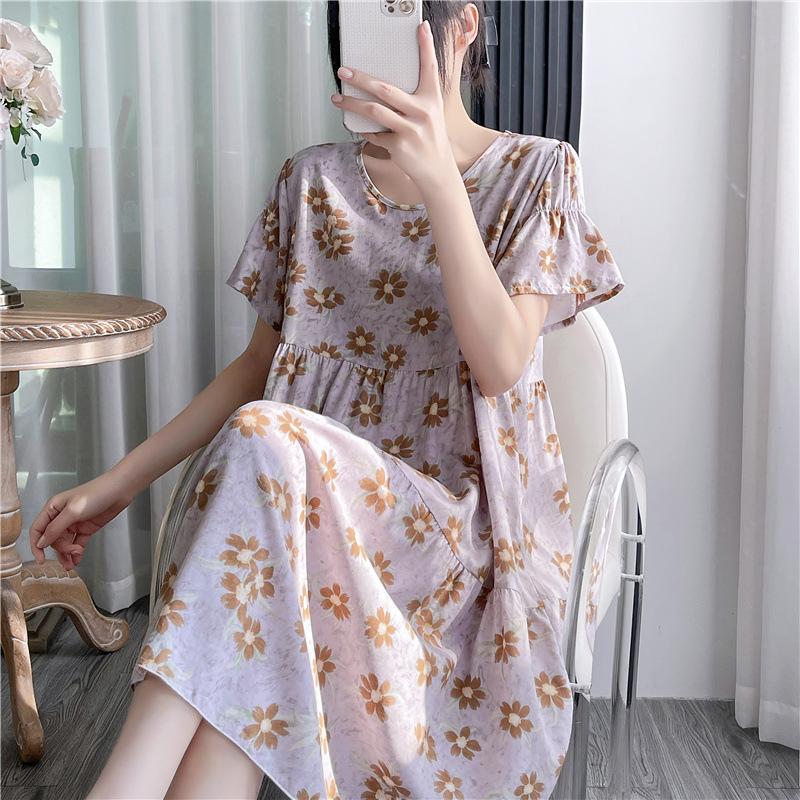 Cotton and silk nightgown women's summer thin short-sleeved cartoon printed pajamas can be worn outside long large size loose knee pajamas