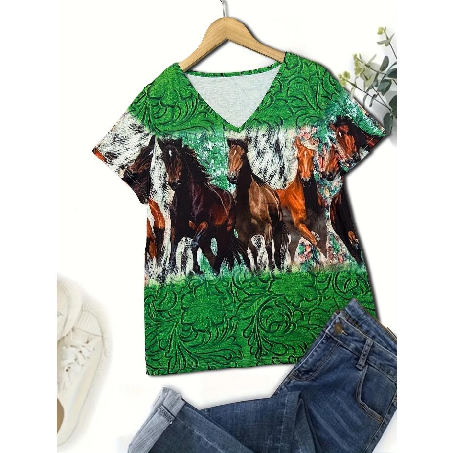 Trendy Liščí Tričko Prodyšné Nadměrné Dámské Tričko s V-výstřihem s Liščím a Květinovým Potiskem Každodenní Pohodlí, Umělecký Design