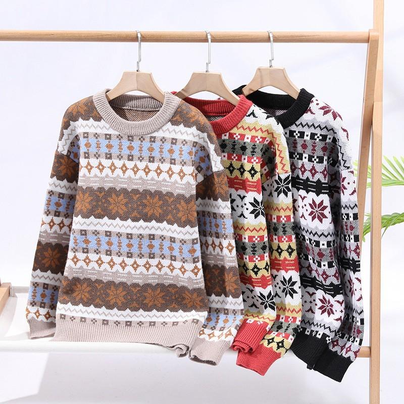 Unisex Knit Sweater Round Neck Long Sleeve Thick Casual Pullover Youth Loose Fit Rabbit Hair Blend