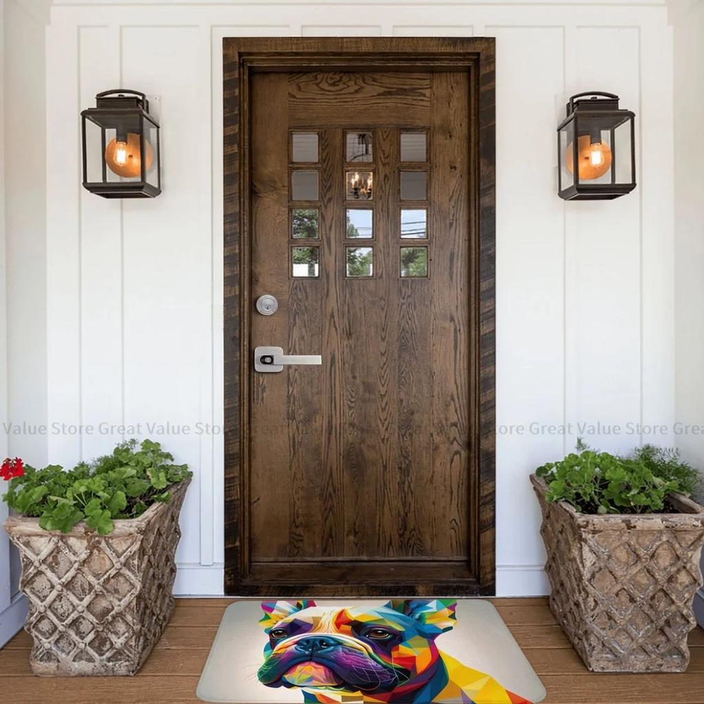 Vibrant Geometric Bulldog Floor Mat - Colorful and Unique Décor for Pet Lovers, Perfect for Living Rooms and Entrances