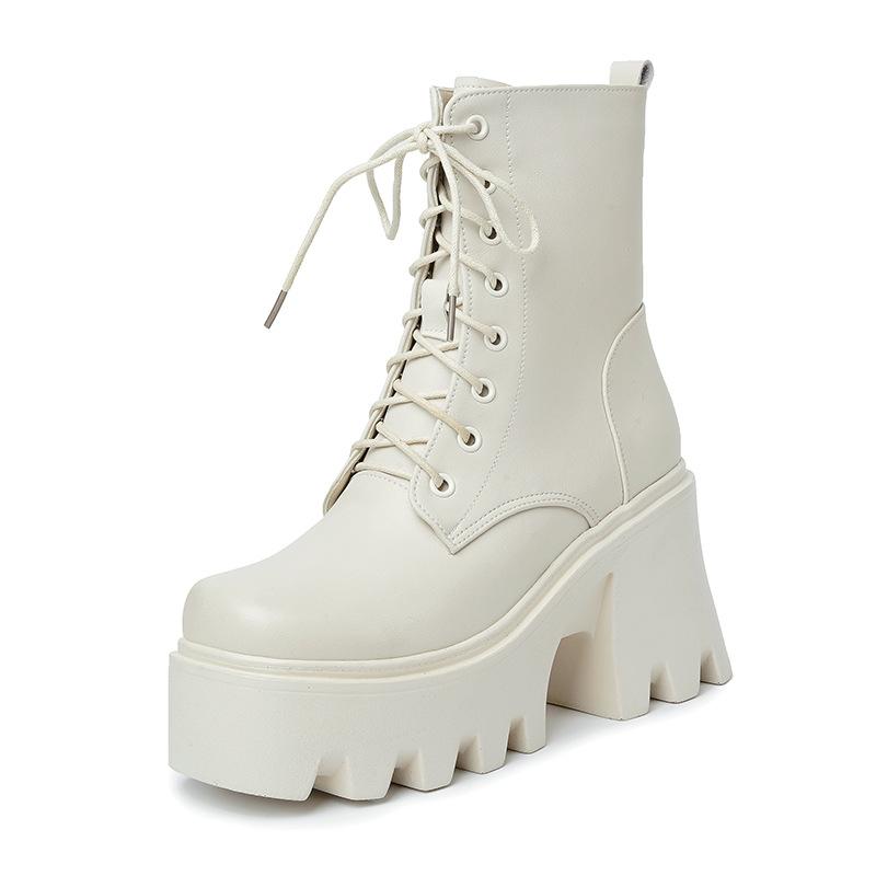 Women Ankle Boots Platform High Heel Genuine Leather Wool Warm Winter Boots Women Lace-up Fashion Biker Boots Women