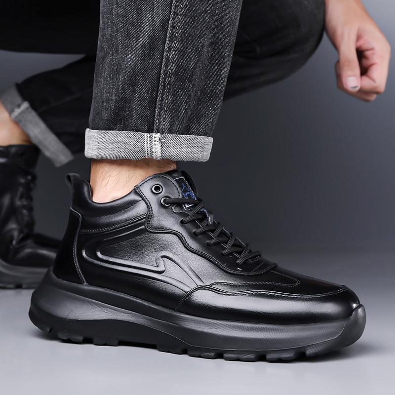 High Quality Cow Leather Sneakers Men Autumn Winter Fashion Casual Cotton Shoes Male High Top Black Sports Platform Shoes Man