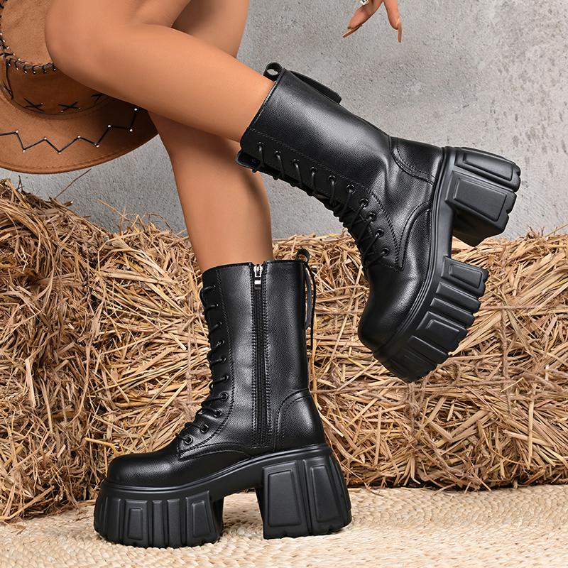 Chunky Heeled Platform Combat Boots for Women Gothic Punk Style Black Motorcycle Boots Woman Autumn Winter Mid Calf Botas Mujer