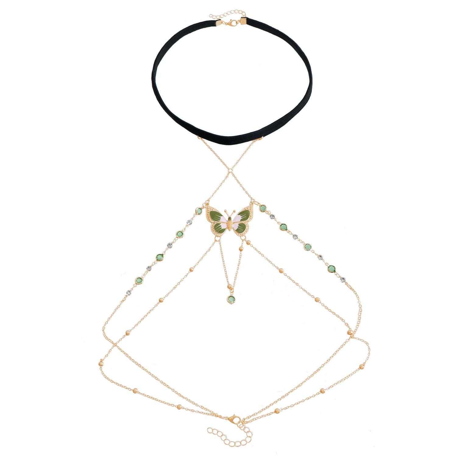 

European and American JK pure desire wind sexy elastic with leg chain jewelry, green painted butterfly fringed leg chain