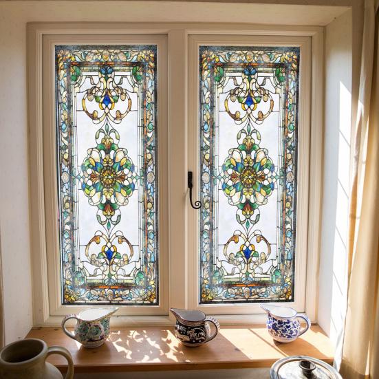 Yousheng Privacy Window Film Vintage Stained Glass Style Static Window Cling Decorative Glass Sticker for Cabinet Bathroom Kitchen Door Panel