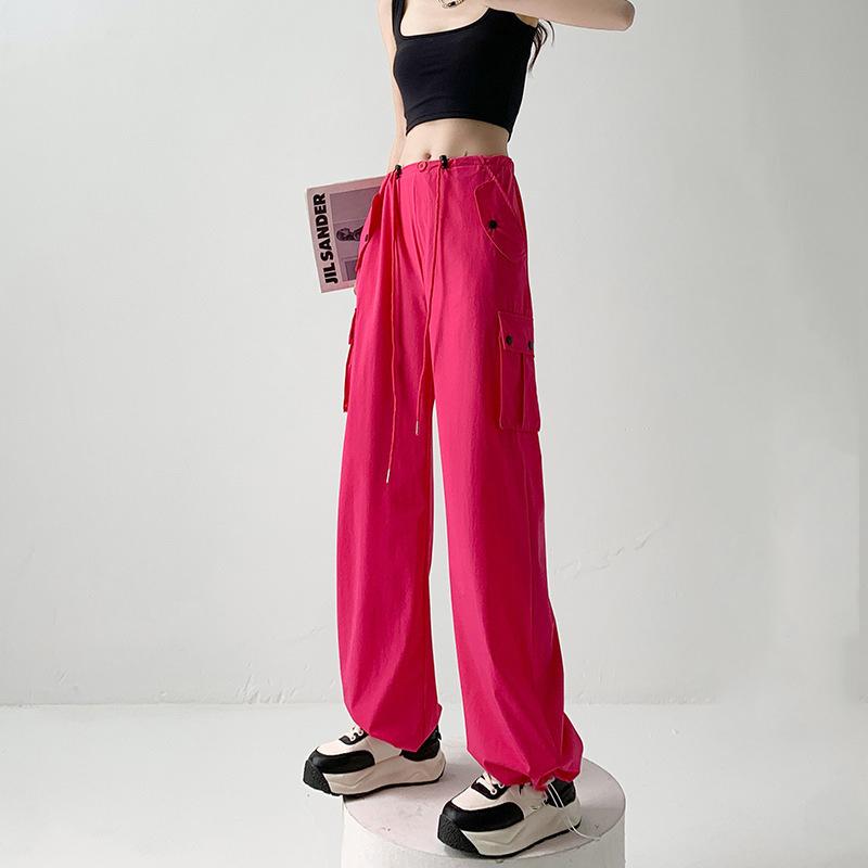 

ITOOLIN Жіночі вінтажні прямі брюки на шнурку з високою посадкою, штани-карго, вільні повсякденні брюки для жінок, літо XL Яскраво-рожевий