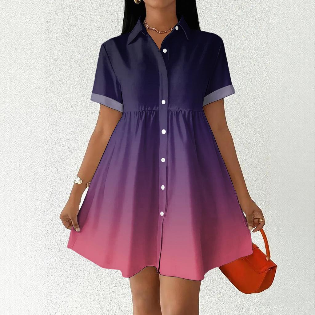 Women’s Casual Loose Fit Shirt Dress Button Down Stand Collar Short Sleeve Gradient Print Fashion Tunic Dress