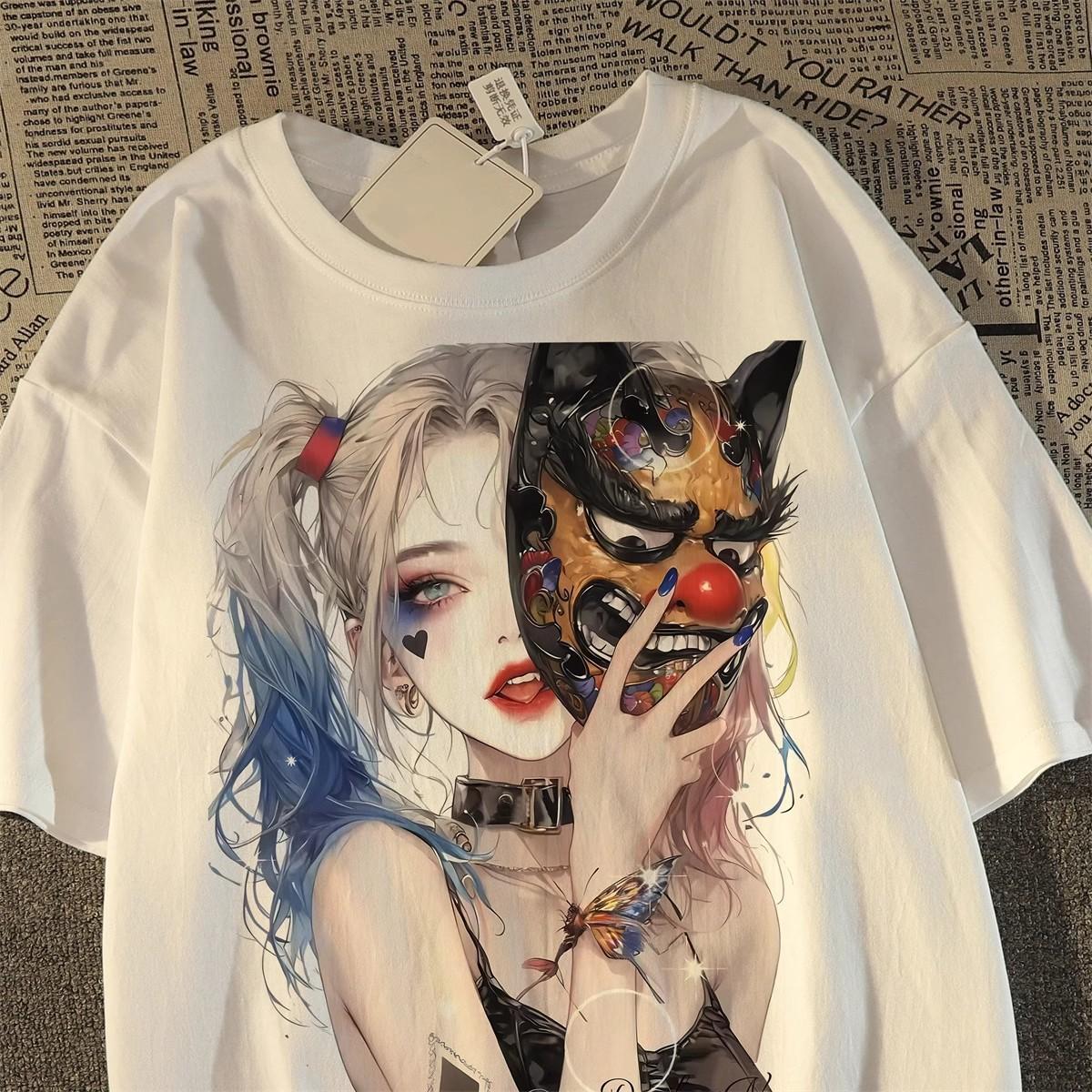

Heavy cotton American trendy brand clown print short-sleeved t-shirt bf Harajuku loose large size high street couple top m (recommended 80-100) белый