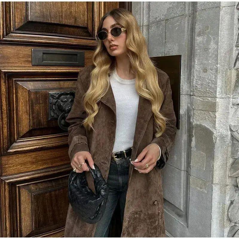 

European and American Women clothes Trench coat Elegant Khaki Leather Double Breasted Lapel Coat Women Casual Jacket Shoelace Waist Long Coat Outwear L