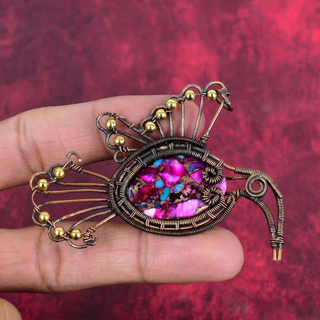 Natural Kingman Pink Dahlia Turquoise Pendant Copper Wire Wrapped Bird Pendant Gemstone Jewelry Gift for Him Copper Jewelry Handmade Pendant
