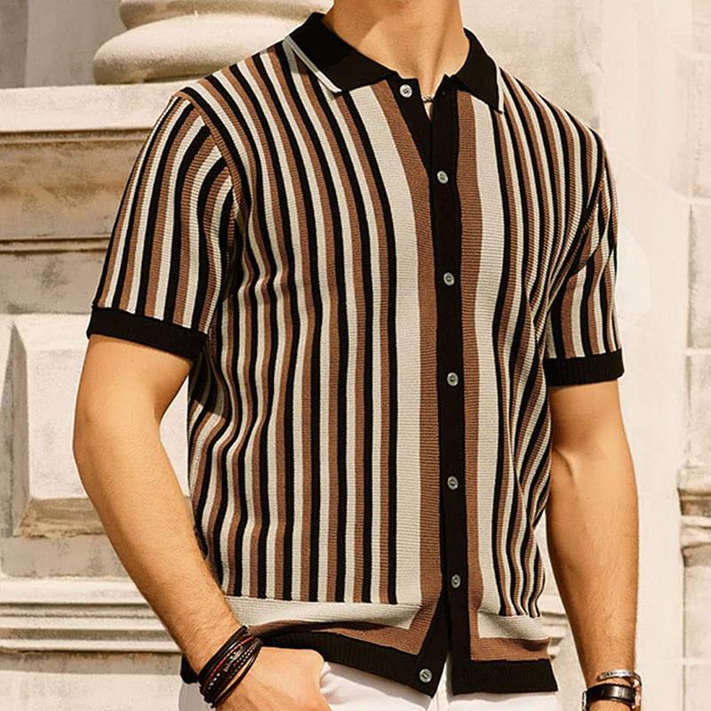 

Men s Fashion Luxury Leisure Knit Polo Shirt Striped Button-down Short Sleeve Cardigan Casual Business Knitwear New Summer 5XL