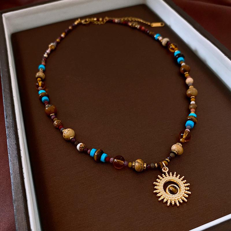 Sun & Stone Pendant Necklace - Titanium & Stainless Steel Clavicle Chain Jewelry