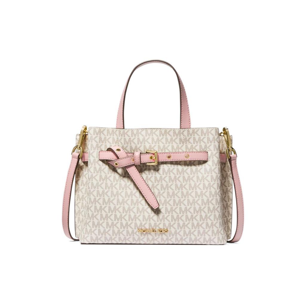 Michael Kors MK Emilia Monogram Color Block Logo Zipper Square Polyester Shoulder Crossbody Tote Bag Small Women Bags Pink White 35H0GU5S1B-7183