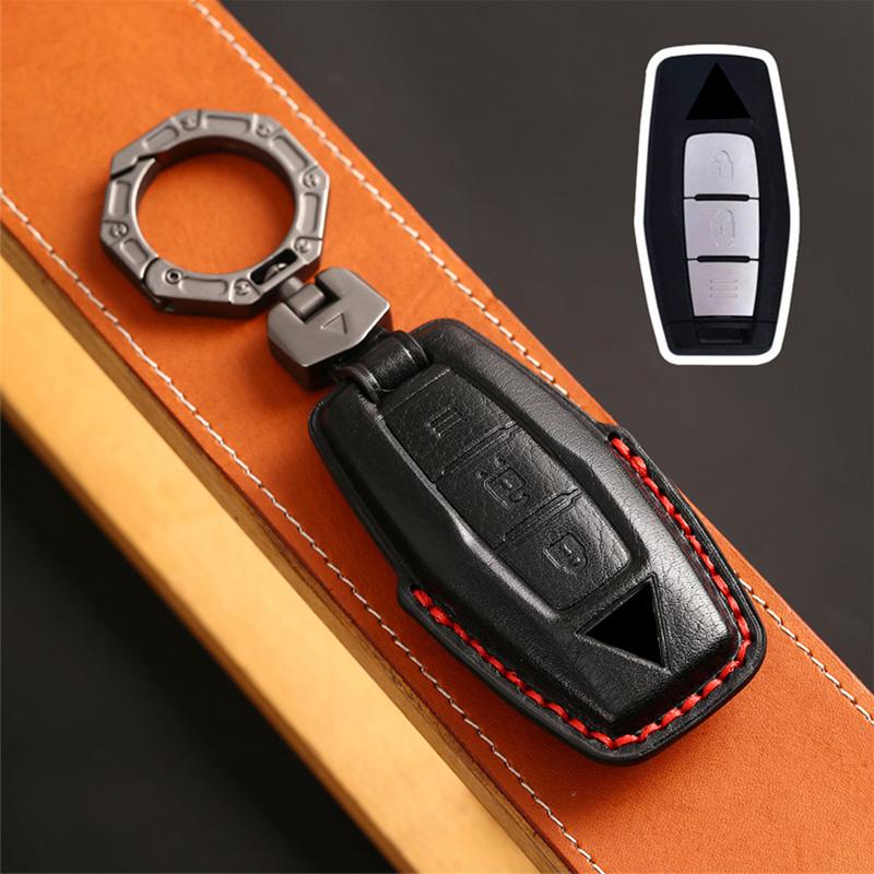 Leather Car Key Case Fob Cover Shell Keychain for Mitsubishi Outlander 2023 2/3 Bottons Car Smart Remote Key Holder Accessories