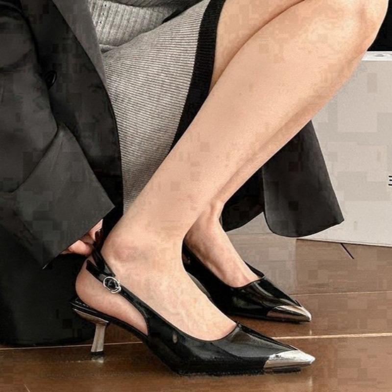 Fashion Women's Fashion Baotou Sandals Summer New Metal Pointed Head Shallow Mouth One-line Buckle Non-slip Fine Heel Shoes