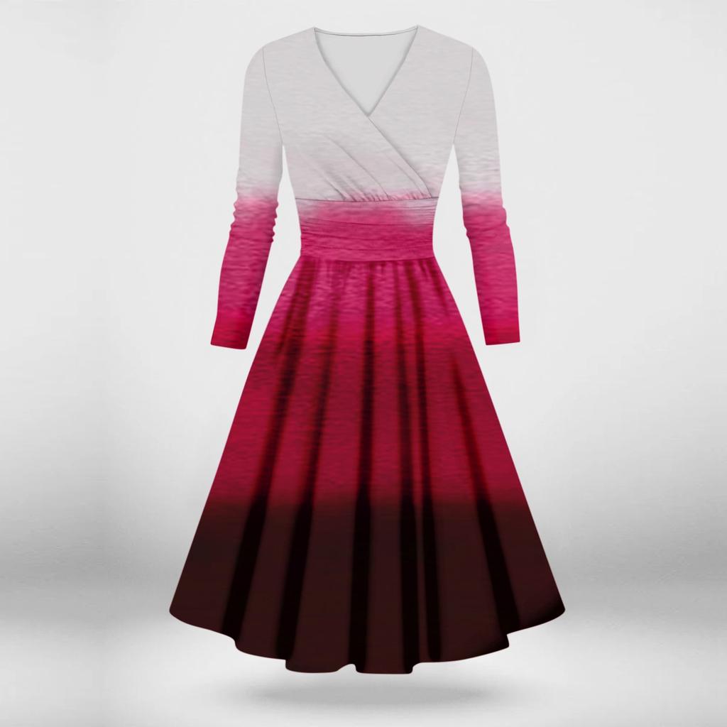 Dámské ležérní a módní sexy šaty s dlouhým rukávem a výstřihem do V s přechodem