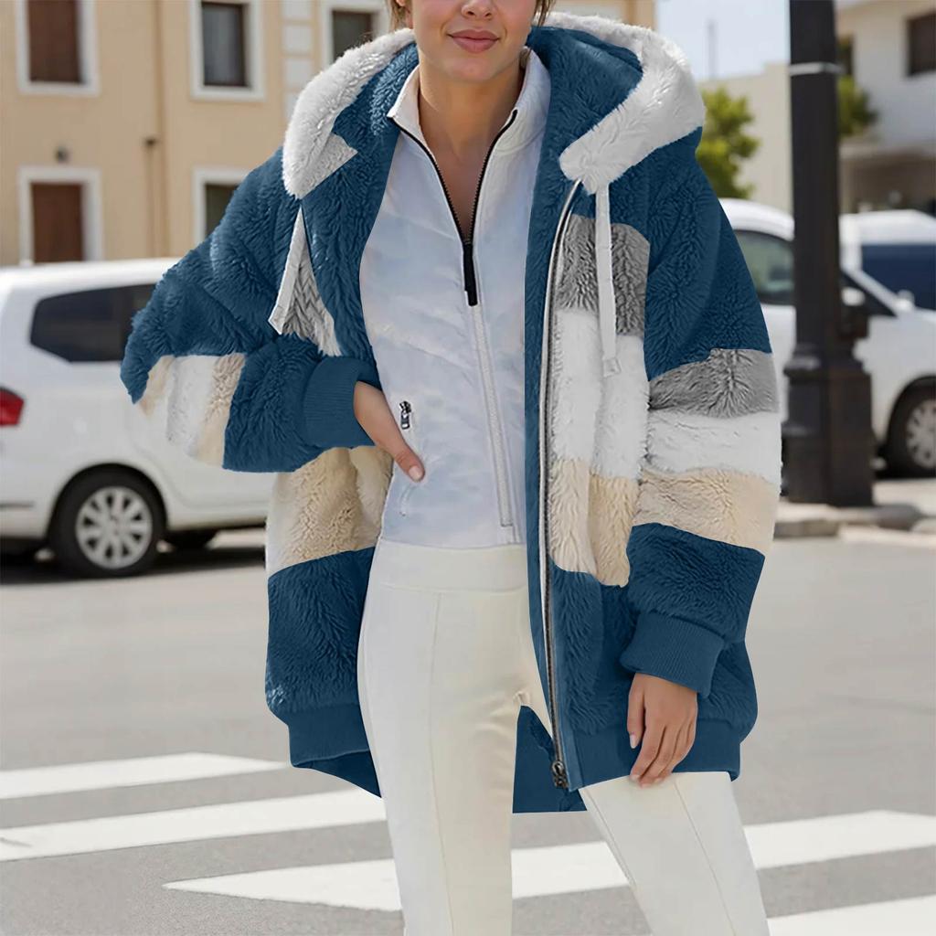 Women's Fashionable Warm Fleece Solid Color Patchwork Hoodie Zipper Pocket Casual Jacket