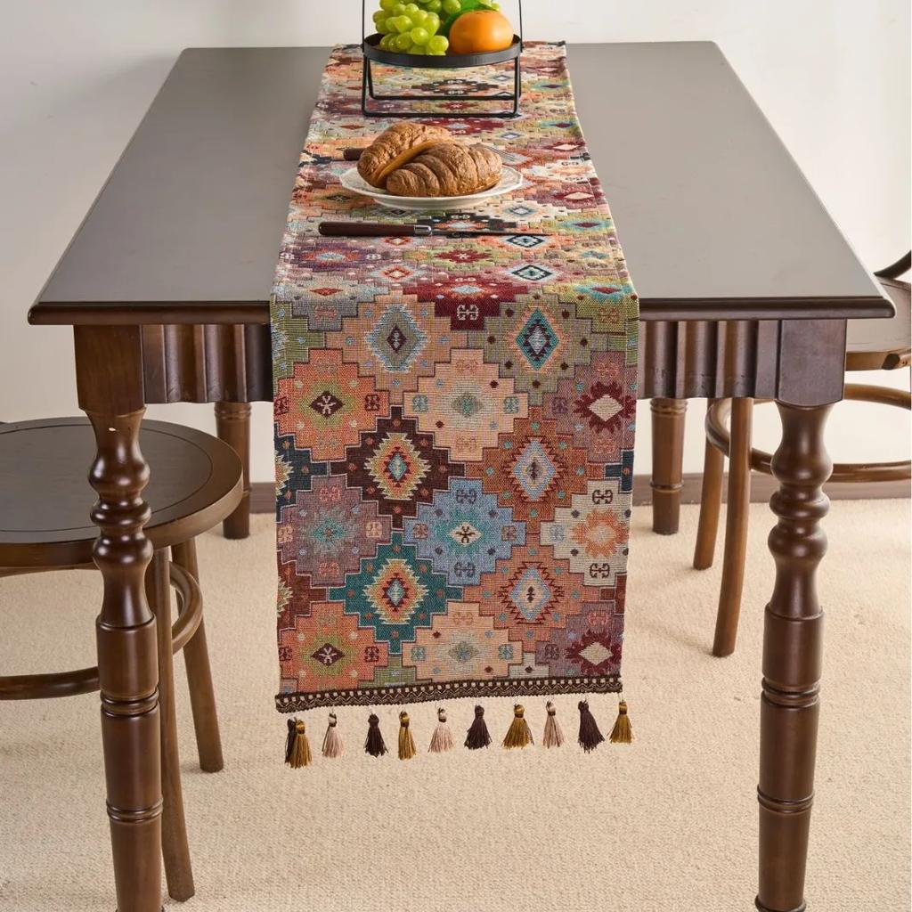 Chinese Style Vintage Tassel Table Runner Jacquard Living Room Bed Tail Coffee Dining Table Decoration Accessories Rustic Decor