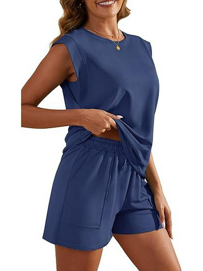 Women's 2026 Summer Solid Color Two-Piece Set: Round Neck Top & Pocket Shorts