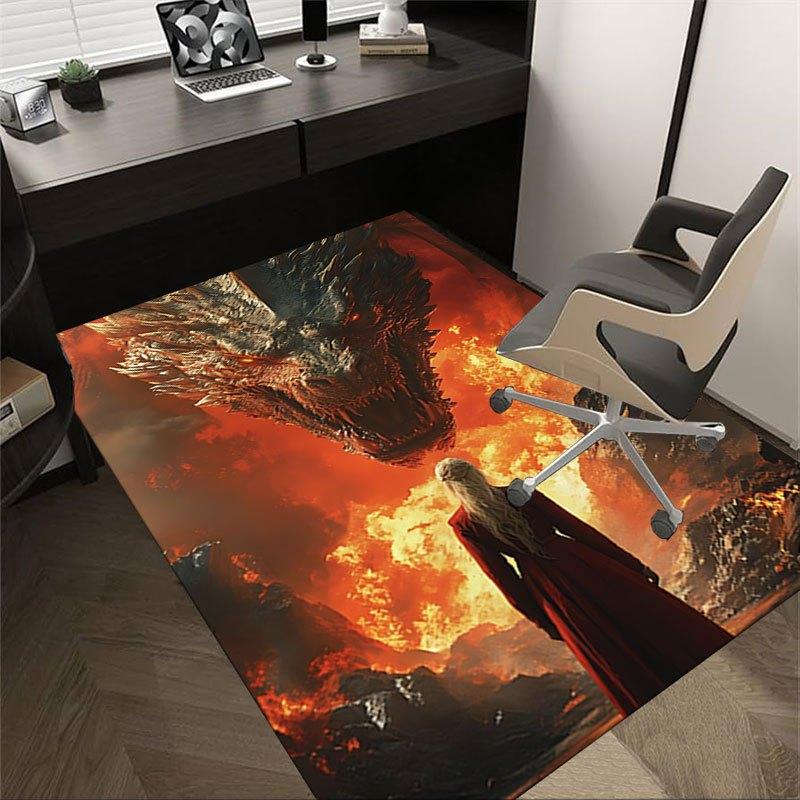 1pc Fire and Blood Office Carpet Chair Mats, Home Decor Mat Fantasy Theme Mat Durable Mat, Dragon Decor,Suitable for Fantasy Theme Lovers