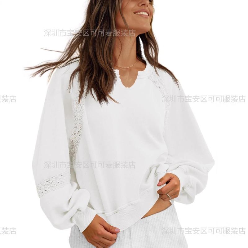 New Autumn and Winter Women's Lace Design Loose Pullover Solid Color V-neck Sweatshirt