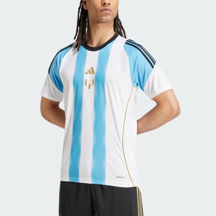 Adidas Messi Collection SS24 Módní Logo Kulatý Výstřih Tréninkové Krátký Rukáv Fotbalové Tričko Pánské Topy Bílé Modré IZ2996