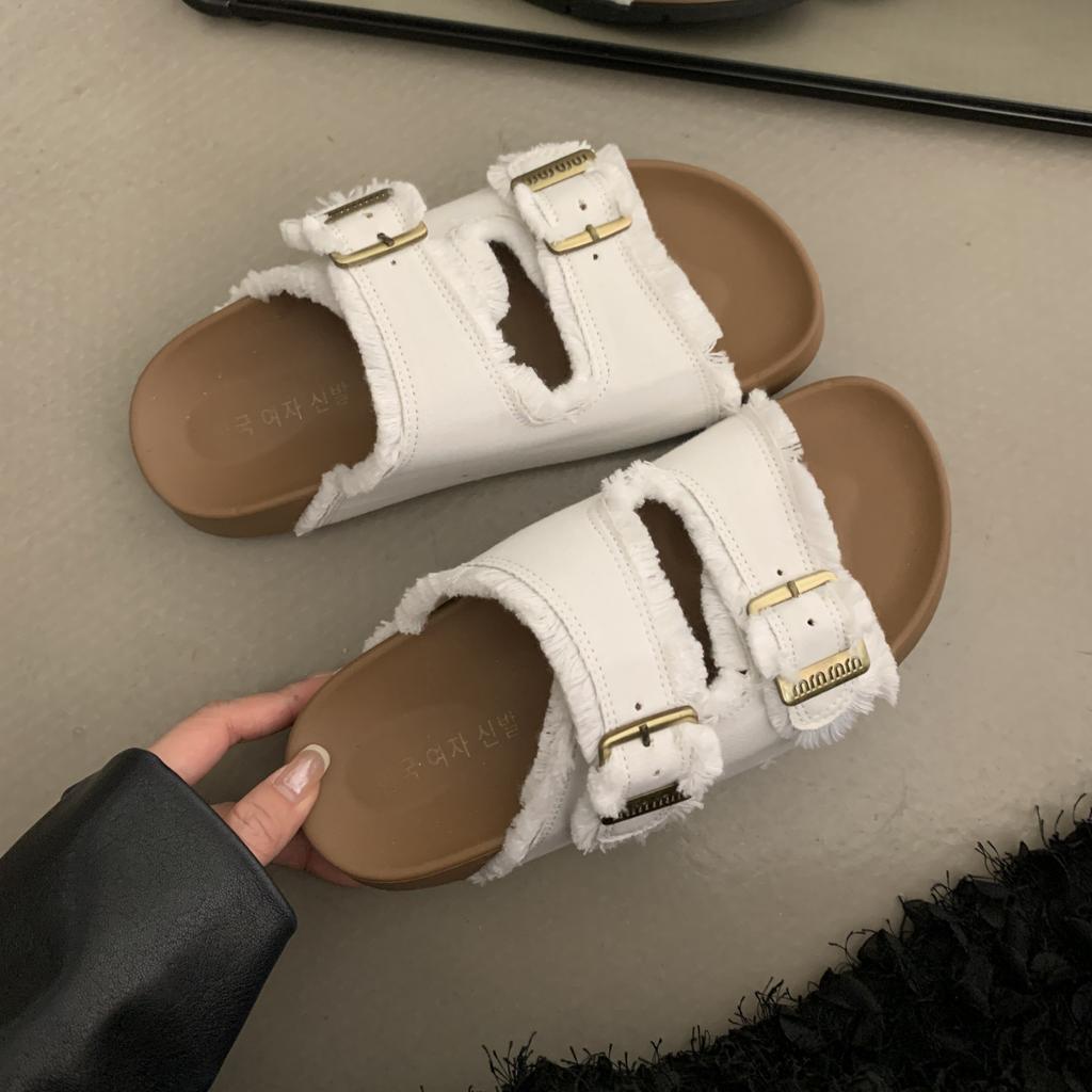 Belt buckle round head leaking toe half slippers women's 2025 summer new outer wear Boken sandals retro casual beach women's shoes