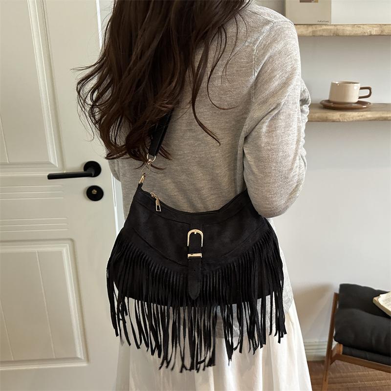 Westlicher Stil Quasten Tasche, Retro Persönlichkeit, Einfache Und Vielseitige Umhängetasche, Wildleder Samt Schultertasche, Damen Tasche