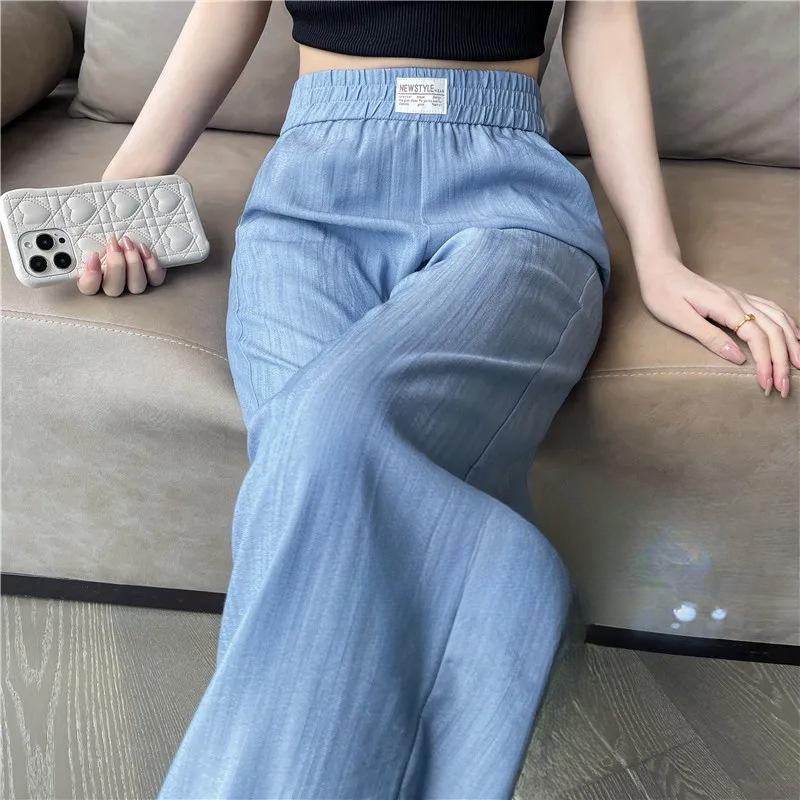 Tencel Cowboy Wide Leg Pants Women Thin Summer High Waisted Draped Casual Straight Cooler Ice Silk Trousers