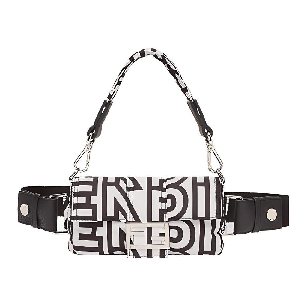FENDI Baguette FF Two-Tone Calfskin Tote Bag Phone Case Waist Bag Mini Men's Style Black/White