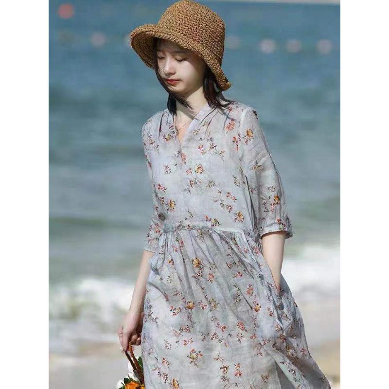 2026 Summer Cotton Linen V-Neck Waist-Cinching Printed Dress - Fashionable Casual Short-Sleeve Skirt for Women