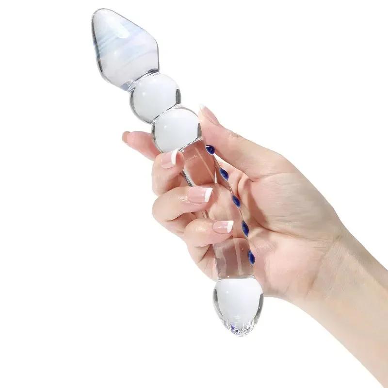 Double Ended Crystal White Pyrex Glass Dildo Artificial Penis Granule Spiral G Spot Massager Adult Game Sex Toys for Woman Gay