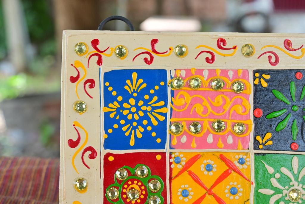 Hand Painted Indian Folk Art Panel with Mirror: Ethnic Wall Decor