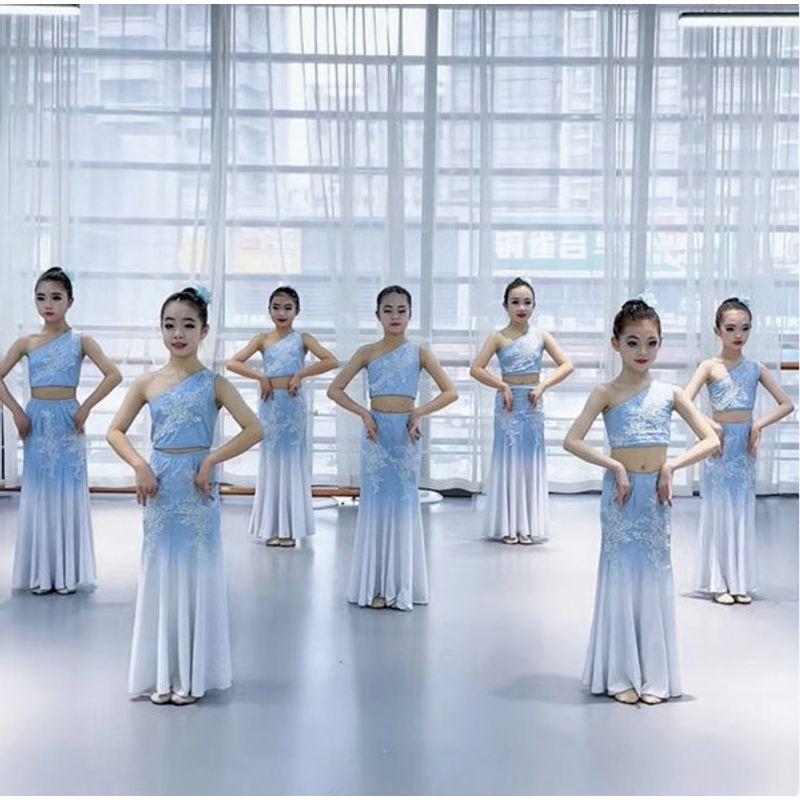 

New Dai Dance Clothes Children s Ethnic Gradient Stage Performance Dress Art Exam Peacock Dance Performance Clothes Fishtail Skirt Sky Blue Tops + Mermaid Dress + Headwear 110cm