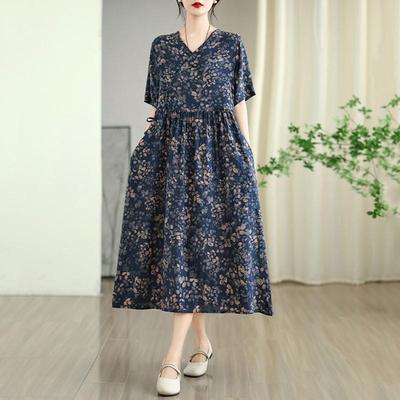 Kortärmad Plus size Bomull linne vintage blommig nyinkomna klänningar för kvinnor avslappnad lös lång sommarklänning