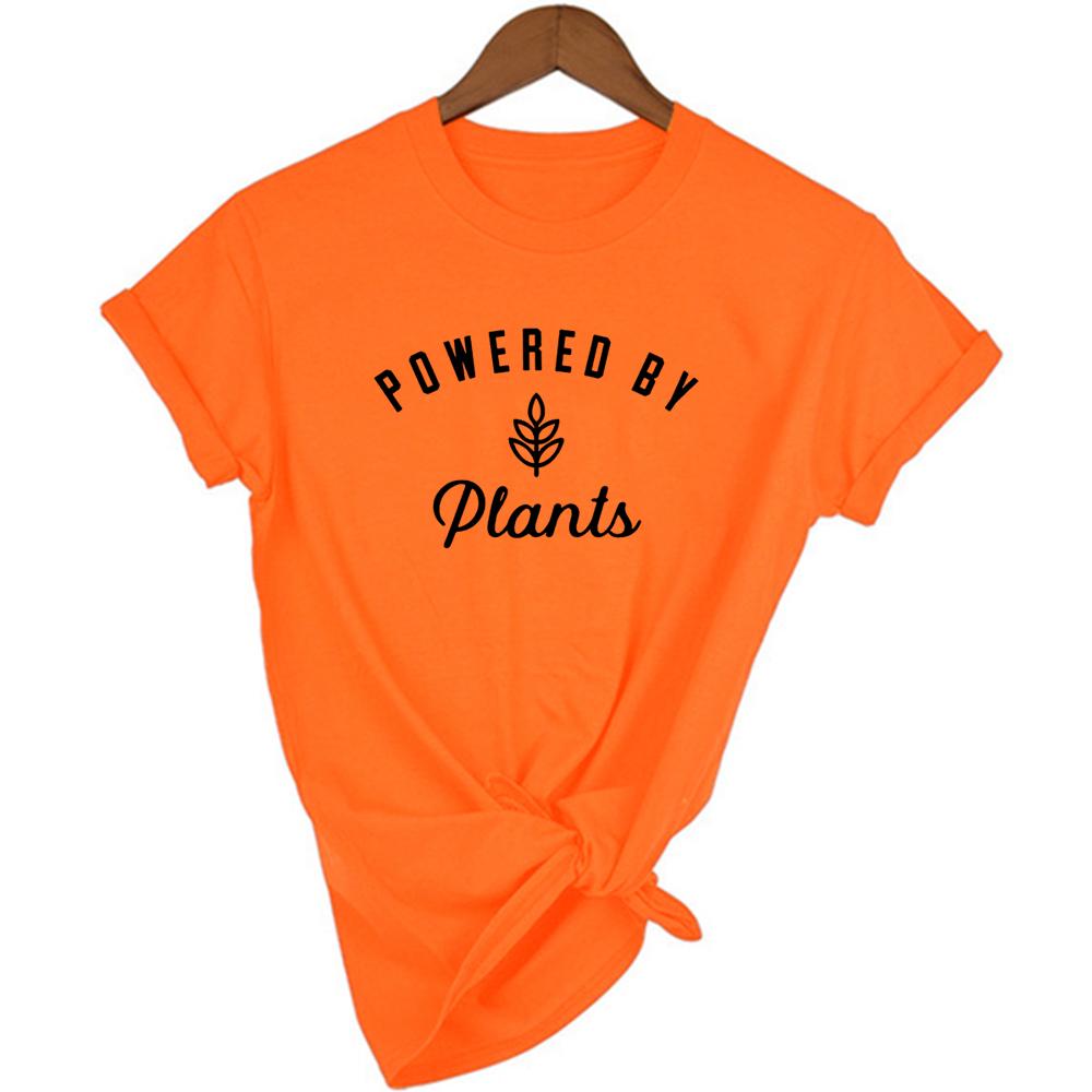 Powered By Plants Women T Shirt Round Neck Vegan Gift Shirts Graphic Tee Garden Vegetable Tumblr
