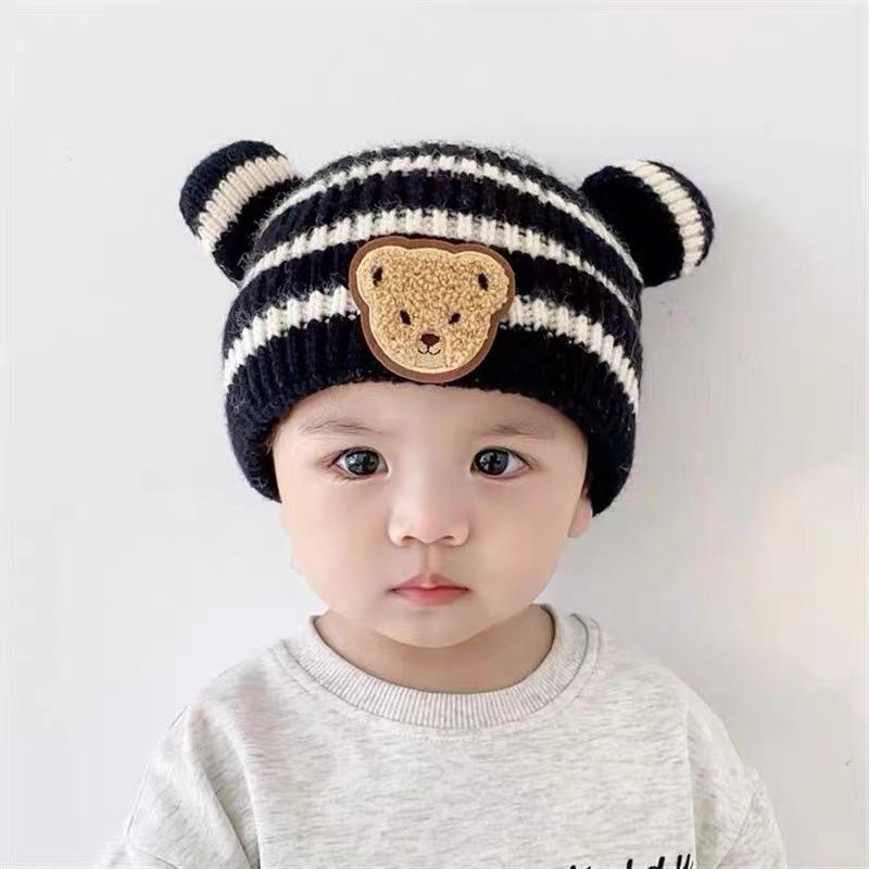 

Children s knitted hat striped bear woolen hat crimped melon skin warm hat M