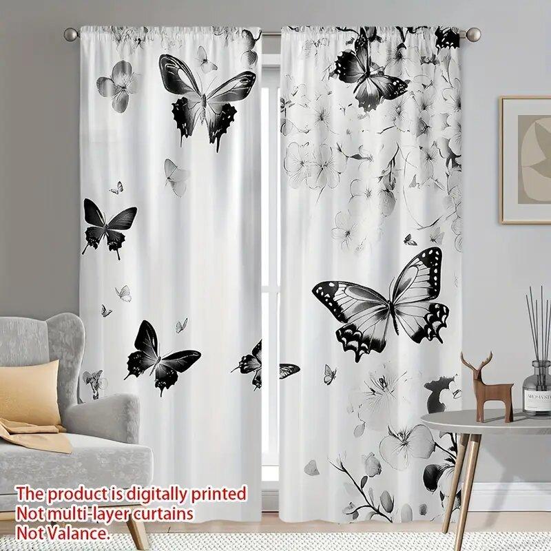 2 Stück - Schwarze Vorhänge mit Schmetterlingsdruck, Stangenschlaufen-Vorhänge, Heimdekoration, Raumdekoration