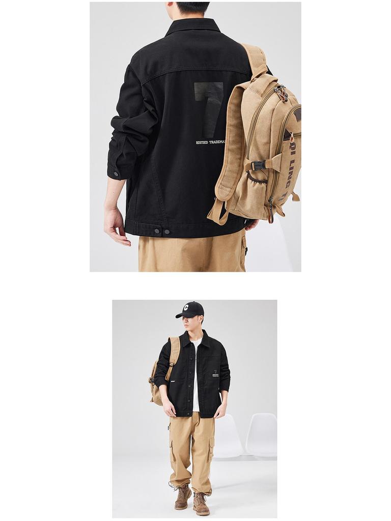 Men's Loose Fit Plus Size Khaki Denim Jacket - American Retro Spring/Autumn, Japanese Trend Brand