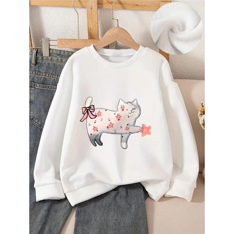 Unisex Crewneck Sweatshirt - Pink Bow Stars Music Notes Cat Machine Washable, Spring And Autumn, Sportswear And Casual Wear, Soft And Comfortable