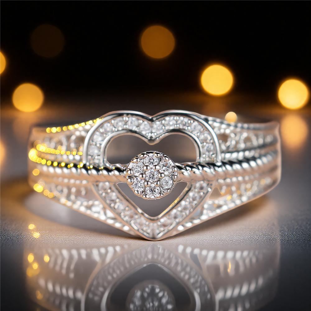Cute Female White Zircon Stone CopperColor Wedding Jewelry Promise Engagement Love Heart Rings For Women