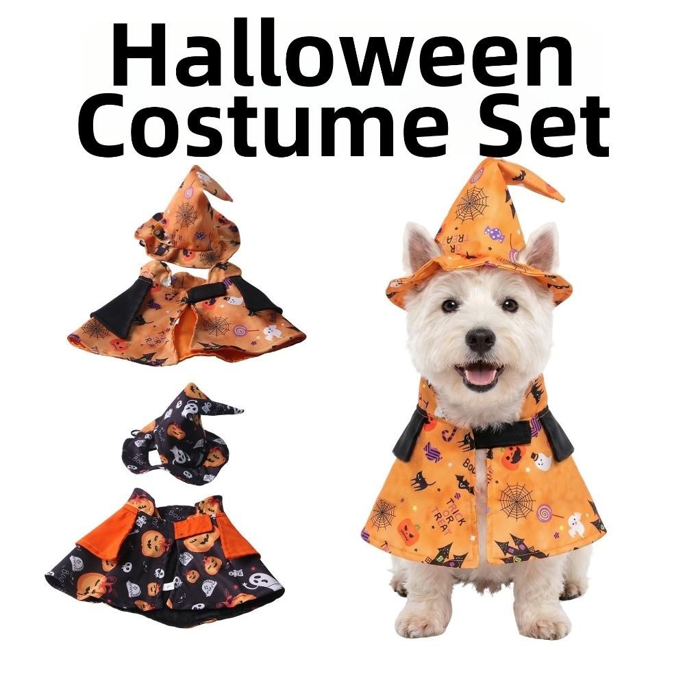 Pumpkin Theme Printed Pet Wizard Cap Cloak Adjustable Fit Comfortable Cat Cosplay Cloak Stand-collar Soft Breathable