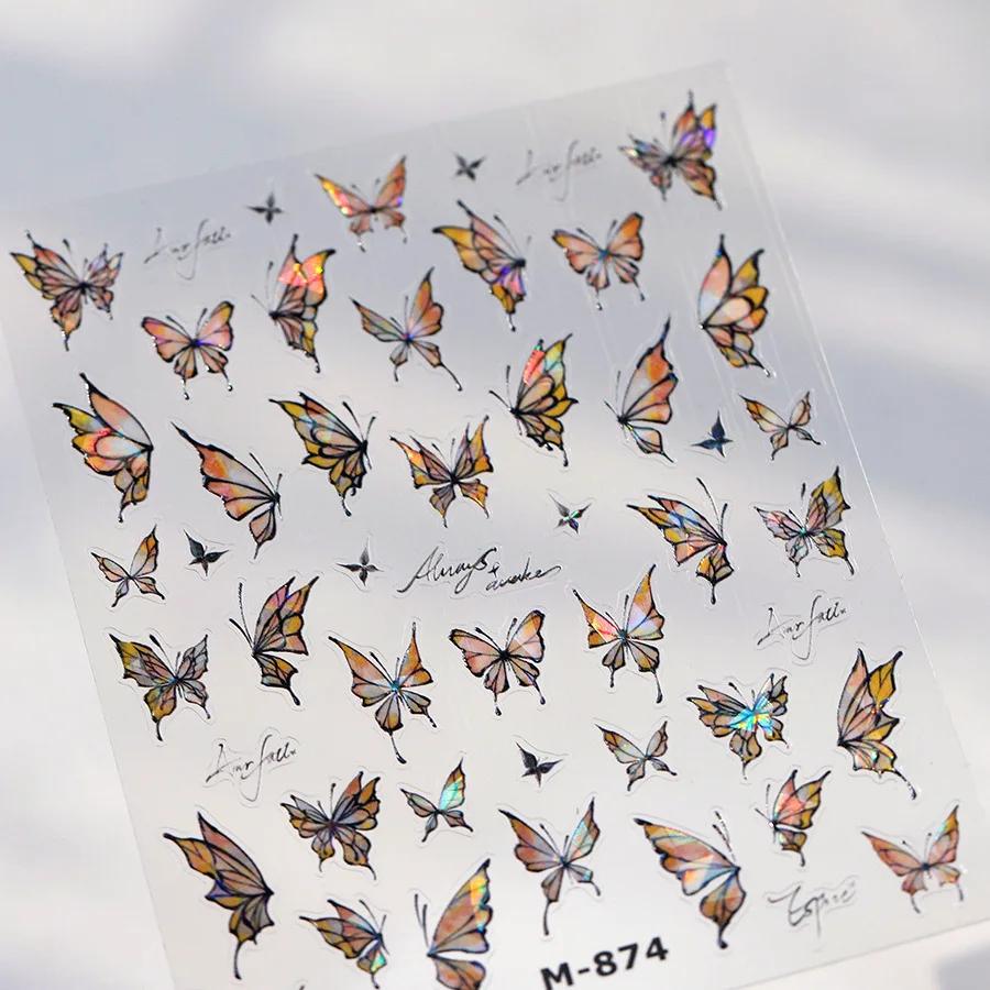 Gradient White Pink Butterfly Flower Shiny Stars Chic Spring Petal 5D Soft Adhesive Nail Art Stickers Decorations Manicure Decal