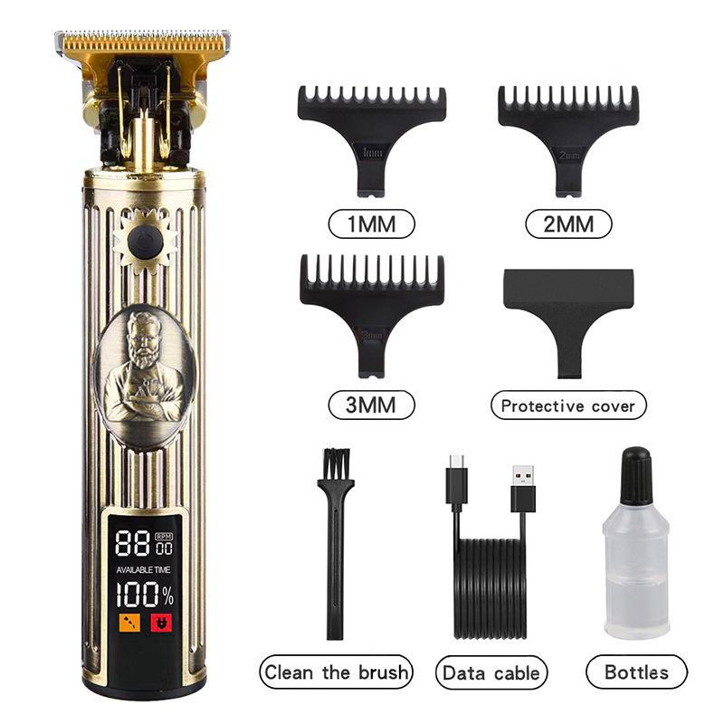 Retro T9 Electric Hair Clipper with LCD Display, USB Charging, Buddha Head Design, Oil Head Styling, and Power Push Technology.