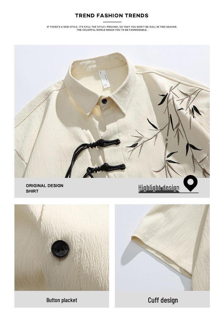 Men's Casual Bamboo Embroidery Short Sleeve Shirt - National Style