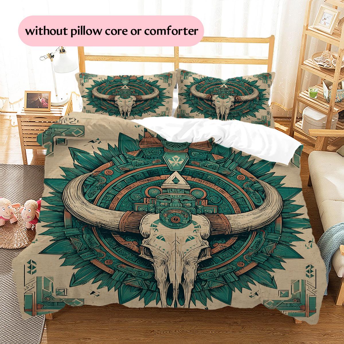 

Retro Art Ox Horns Pattern Bedding Quilt Set Quilt Cover Pillowcase Home Decoration Gift (1 * duvet cover + 2 * pillowcase, without core) 135x200cm