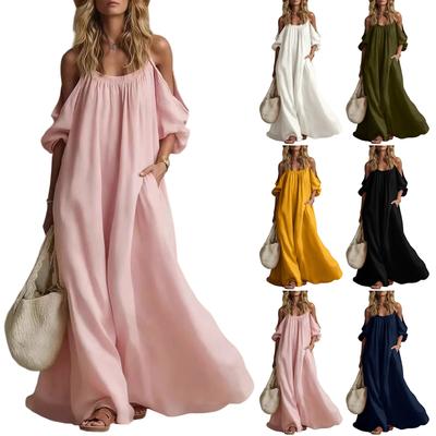 Damen ärmelloses Taschenkleid lockere Passform schulterfrei Baumwolle Leinen Maxikleid Urlaubs Strandkleidung lässiges Sommerkleid mit breitem Saum