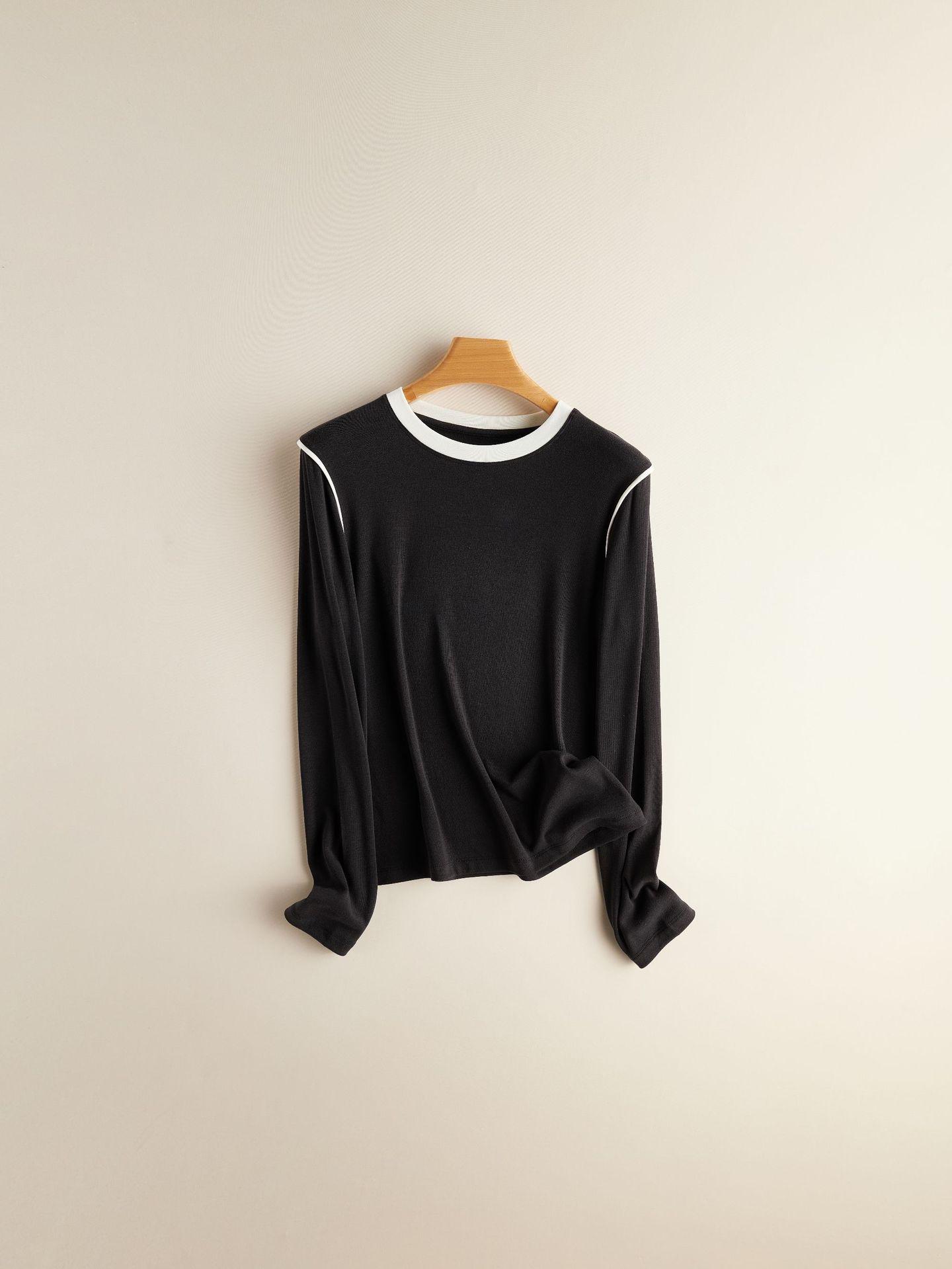 

Women s Classic Black & White Color Block Crew Neck Long Sleeve T-Shirt - Spring Collection Wool Acetate Lyocell Base Layer Extra Large чёрный