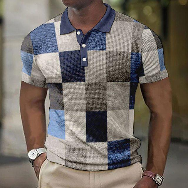 Summer Men's 3D Print Polo Shirt with Plaid and Geometric Patterns